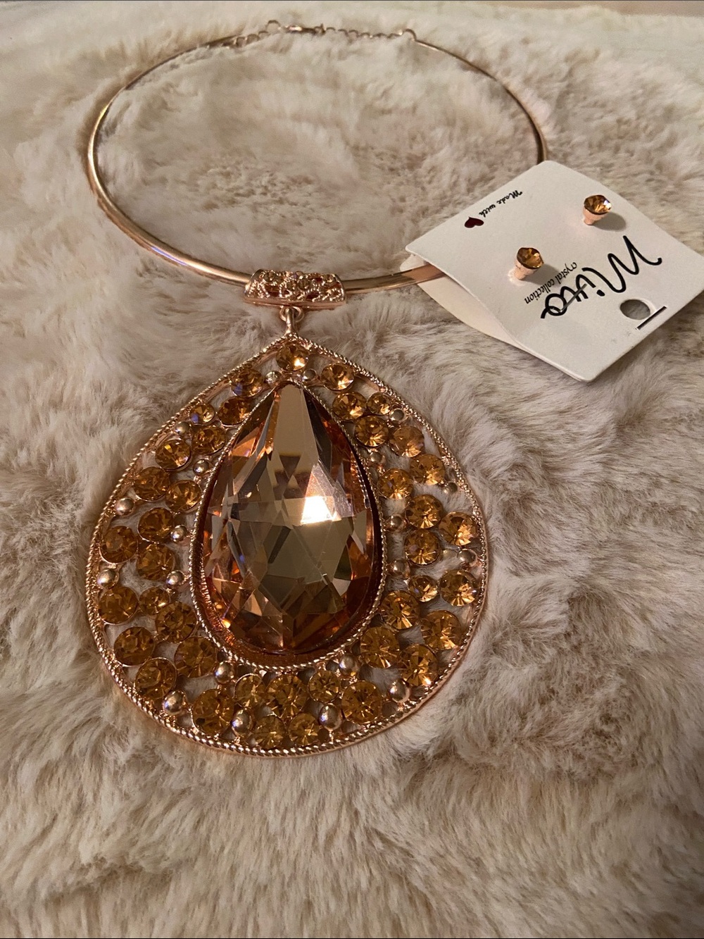 Rose-Gold-Tone Teardrop Pendant Necklace with Amber Crystal matching earrings